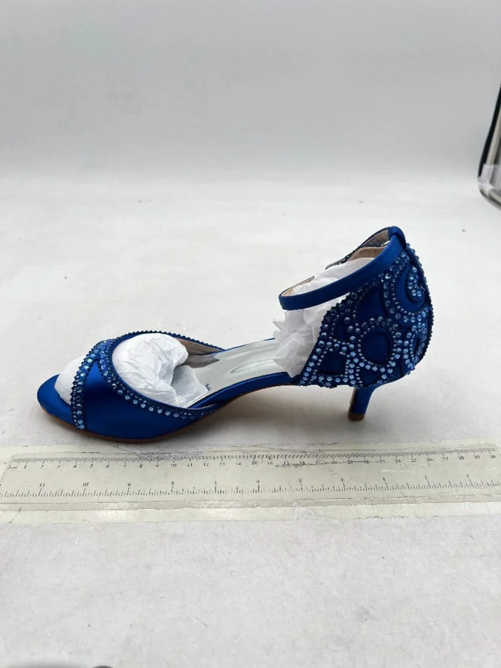 XYD Blue Peep Toe, D'Orsay Kitten Low Heels, Rhinestone Ankle Strap Sandals